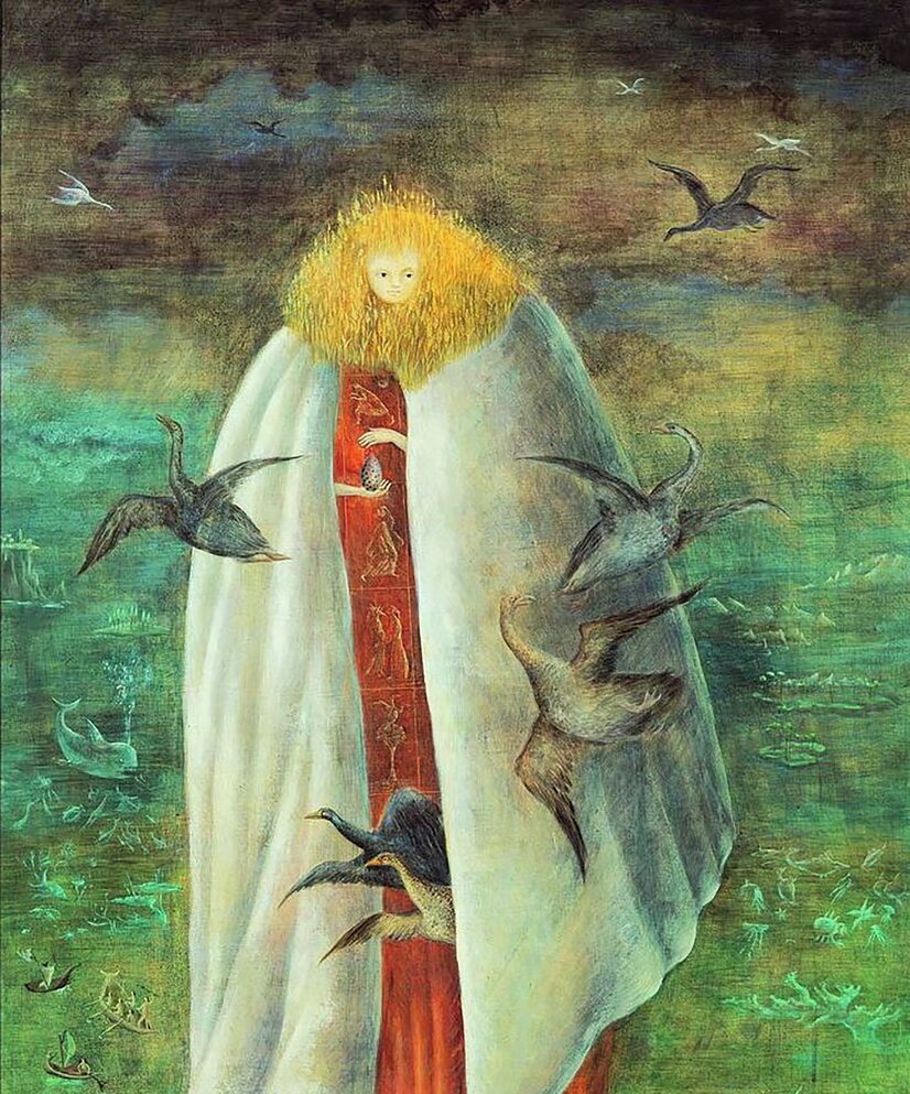 Maleri av Leonora Carrington: The Giantess (The Guardian of the Egg), 1947. Olje på lerret. © Leonora Carrington / BONO 2019