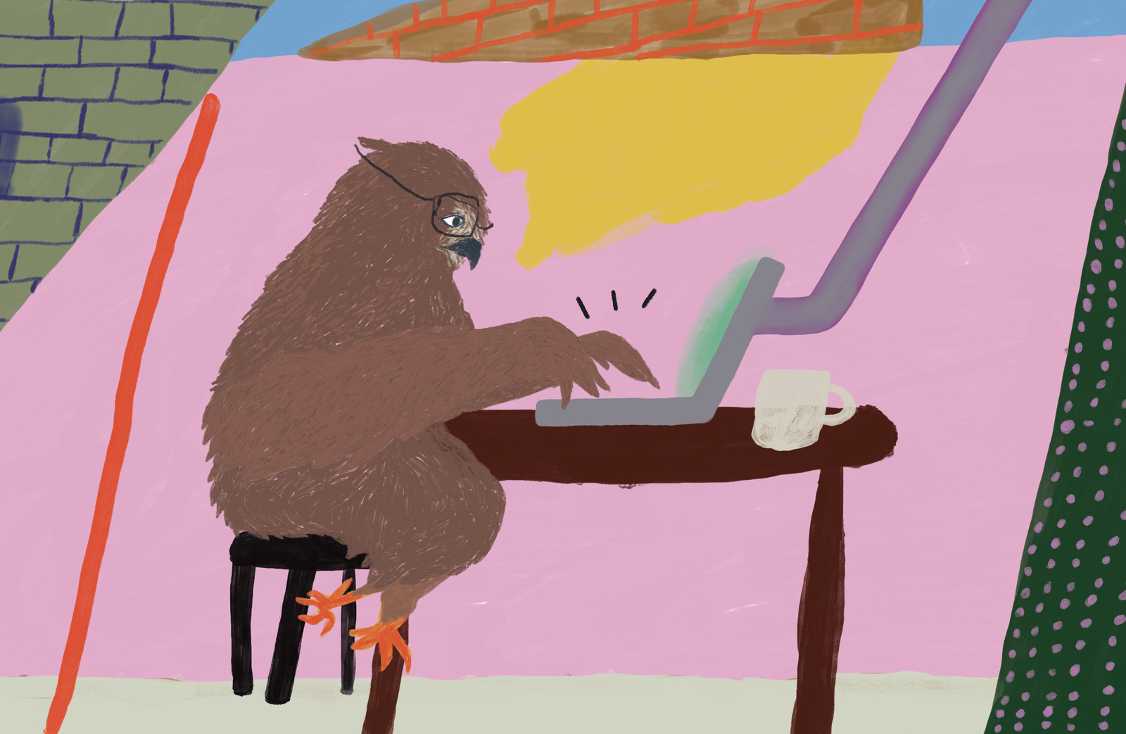 Ugle skriver på tastaturet sitt. Utsnitt fra forsideillustrasjon, tegnet av Signe-Lill Valkvæ