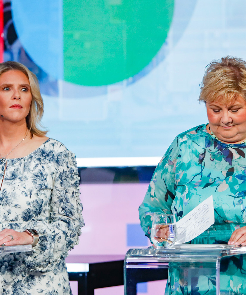 Erna Solberg og Sylvi Listhaug under partilederdebatt i TV 2 sine lokaler i Media City Bergen.