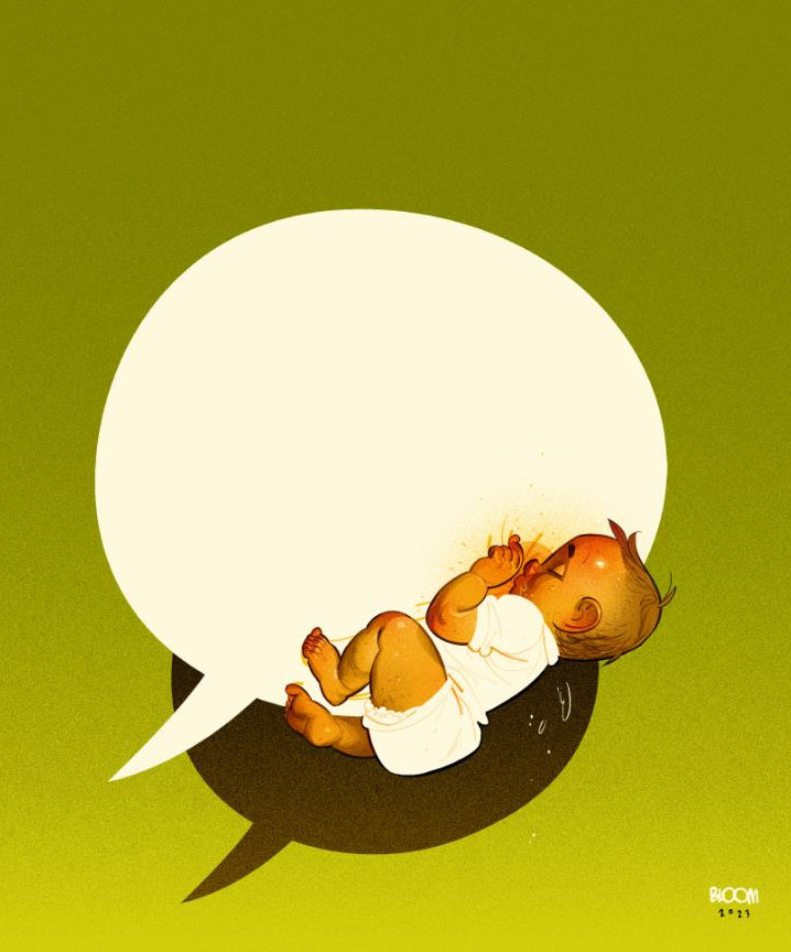 Illustrasjonen viser et barn som dier et bryst formet som en snakkeboble.